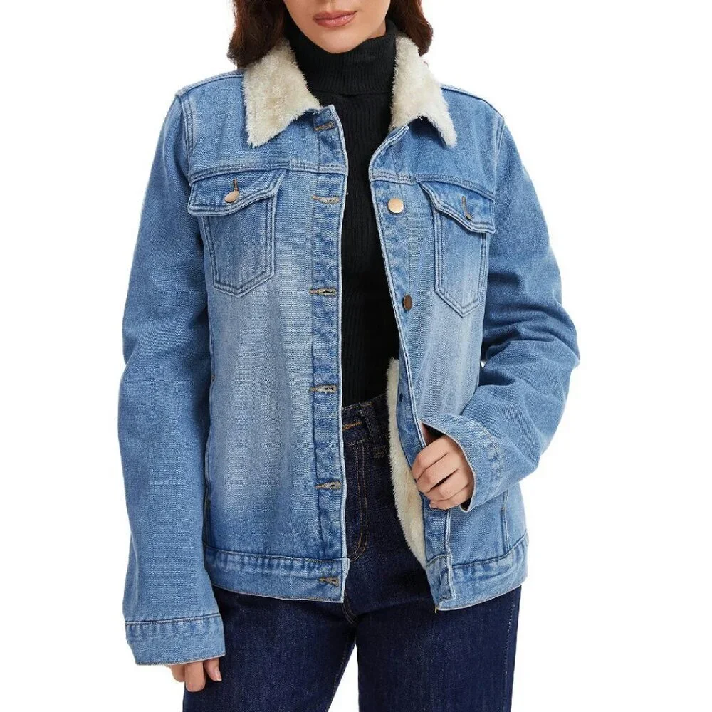 Sherpa-Lined Denim Trucker Jacket with Fleece Lining & 6 Pockets